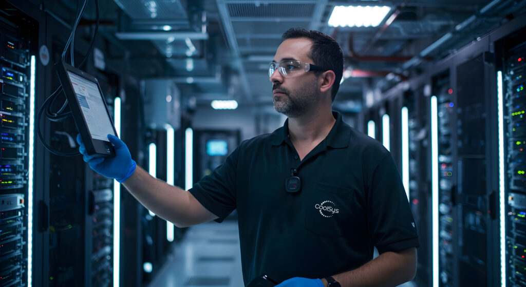 CoolSys engineer monitoring cooling systems and equipment in a high-tech data center.