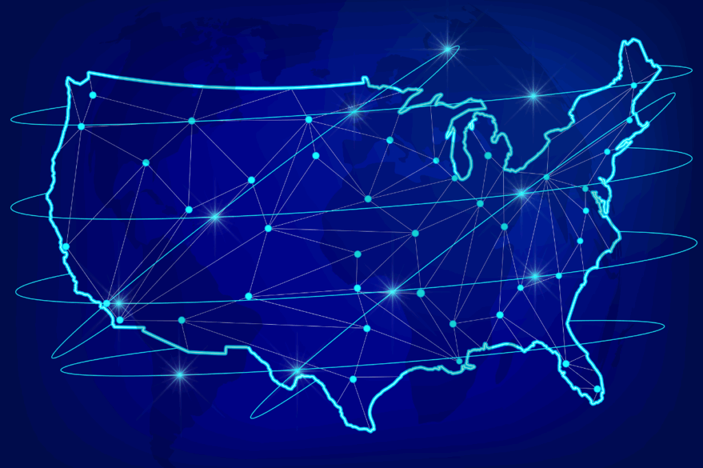 A simple map outline of the United States with a blue background and connected dots accross the country to represent service locations.