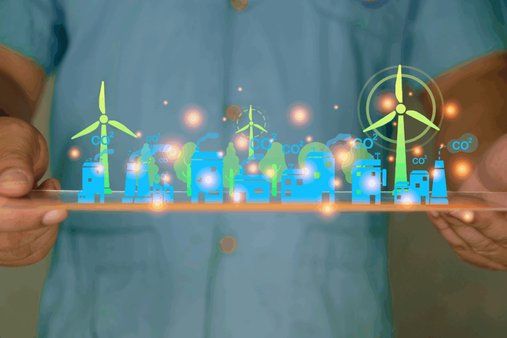 A person holding a virtual image of blue energy-efficient buildings. There are CO2 icons surrounding the buildings and wind turbines and trees in the background.
