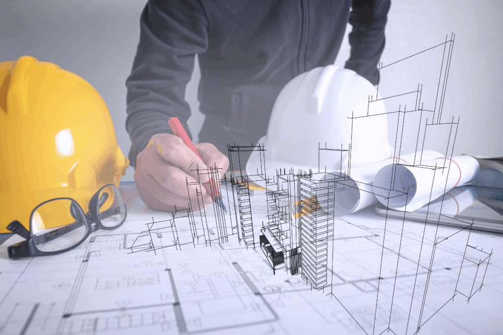 Architect drawing out blueprints with a hard hat and glasses on the table. The blueprint design (buildings) is popping out of the paper to represent the design coming to life.