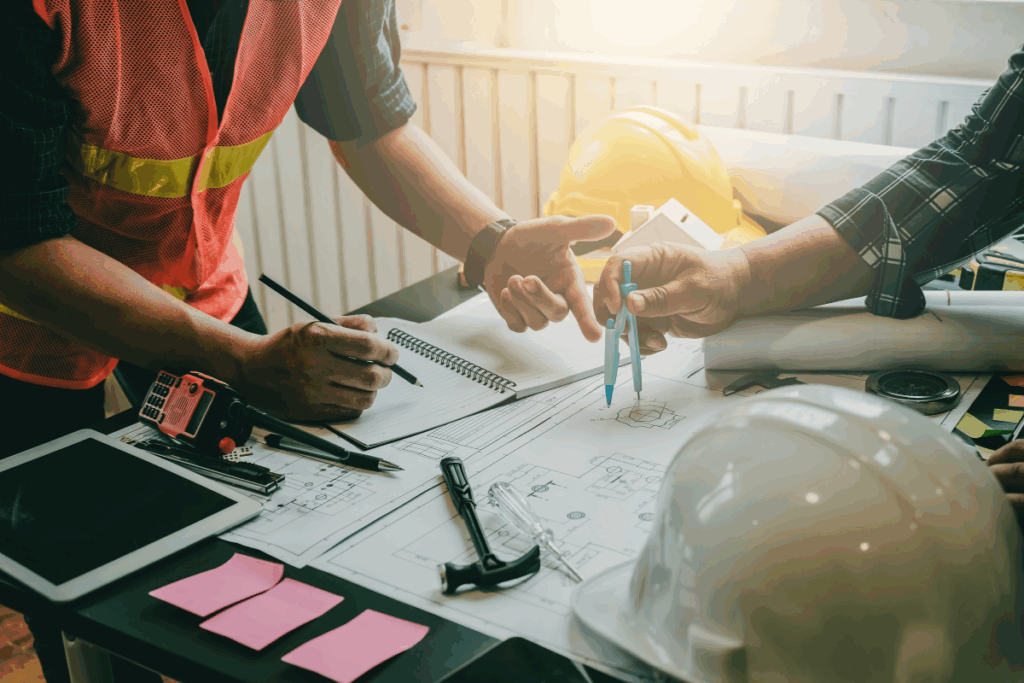 Two engineers work on blueprints at a table.