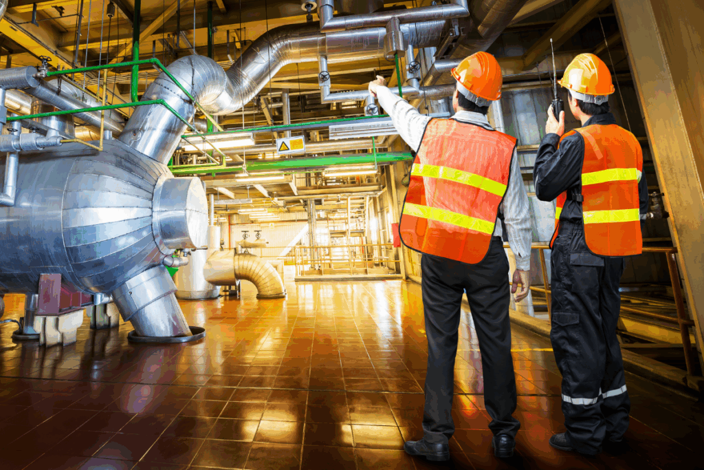 Two male technicians in hard hats and safety vests stand in a facility with large piping and HVAC equipment. Their backs are turned away; one is pointing at the system, while the other is on a radio.