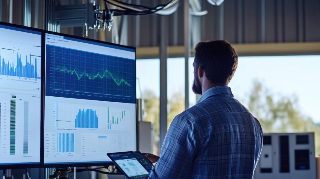 A renewable energy consultant analyzing efficiency metrics of solar inverters at a solar energy facility, with inverters and data analytics screens visible, Solar inverter efficiency analysis scene Energy Consumption Optimization