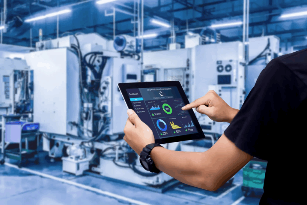 Person holding a tablet displaying energy optimization software with performance statistics inside a facilty.