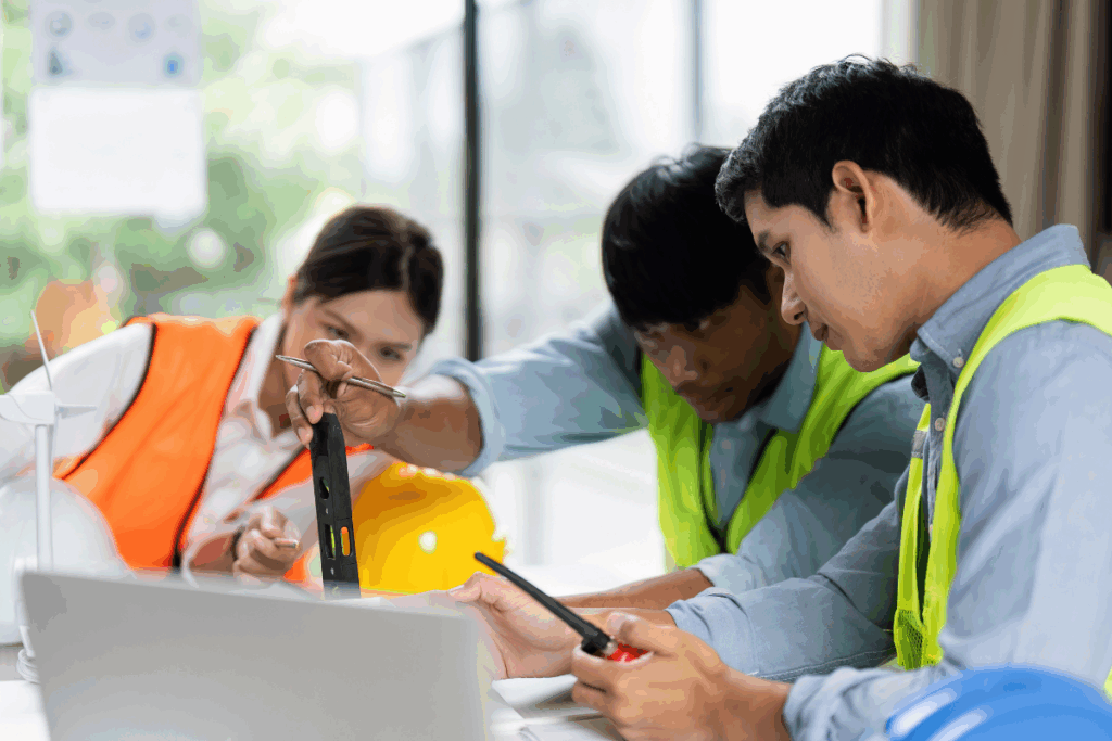 Three engineers in safety vests sit at a desk with tools and a laptop to collaborate on project.