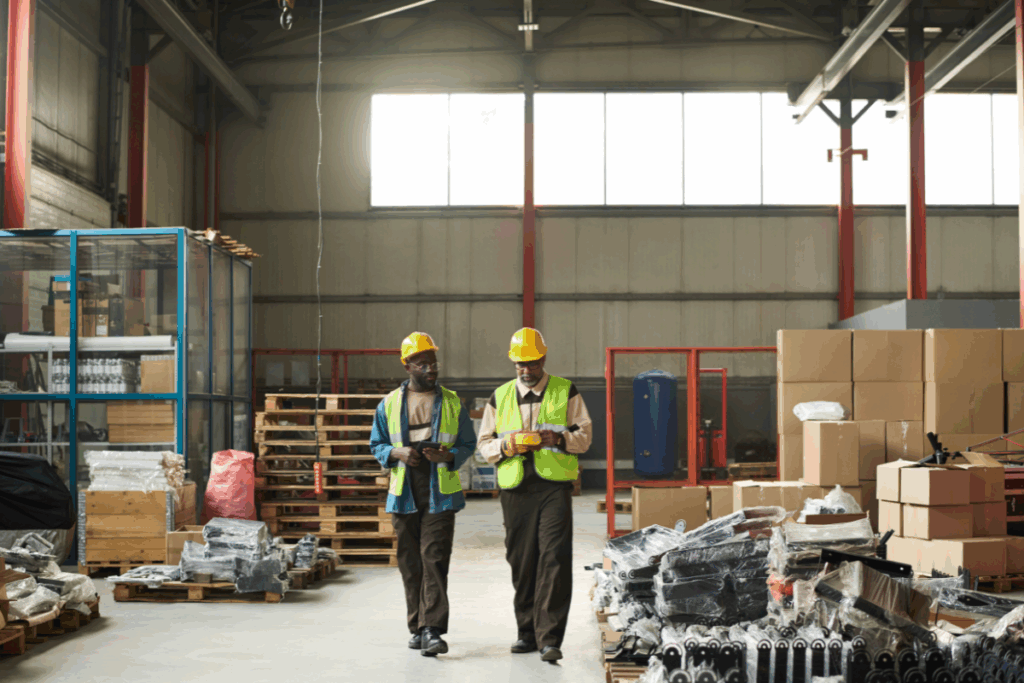 Two workers wearing hard hats and safety vests in a warehouse surrounded by pallets and boxes.