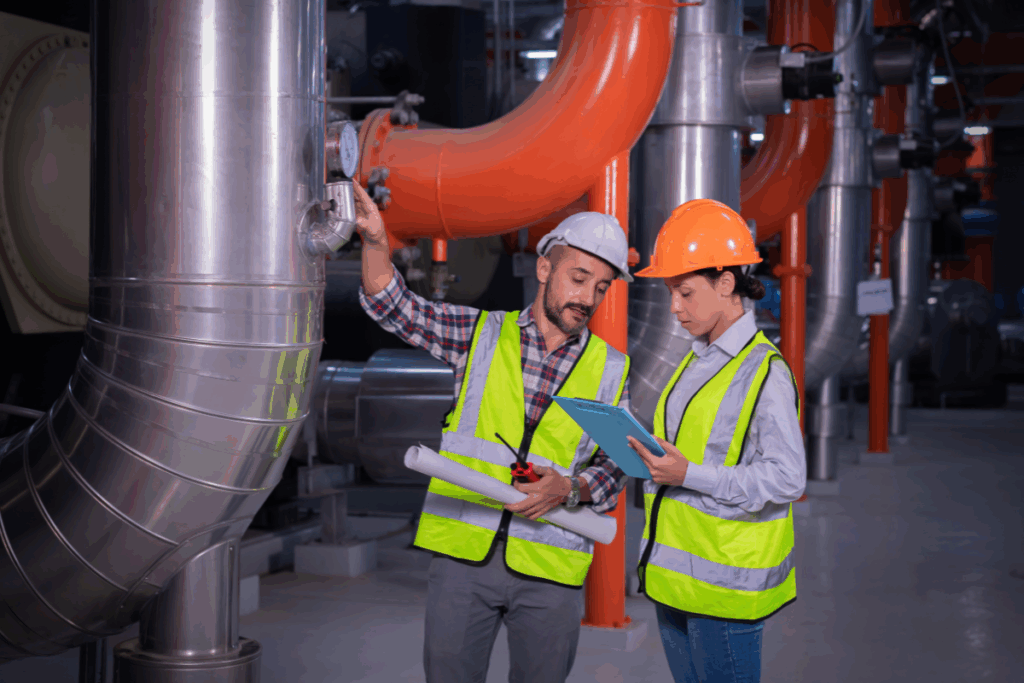 Man and woman wearing hard hats and safety vests reviewing a clipboard and pointing at industrial HVAC equipment.