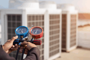 Person holding pressure measurement equipment on a rooftop with blurred HVAC towers in the background.