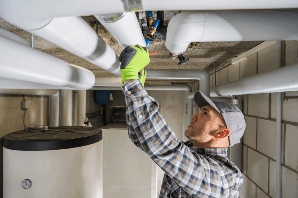 A plumber working on piping with tools.