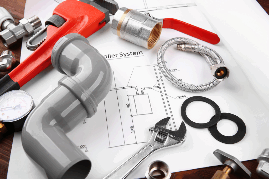 Plumbing pipe pieces, tools and a user manual for a boiler system on a table.