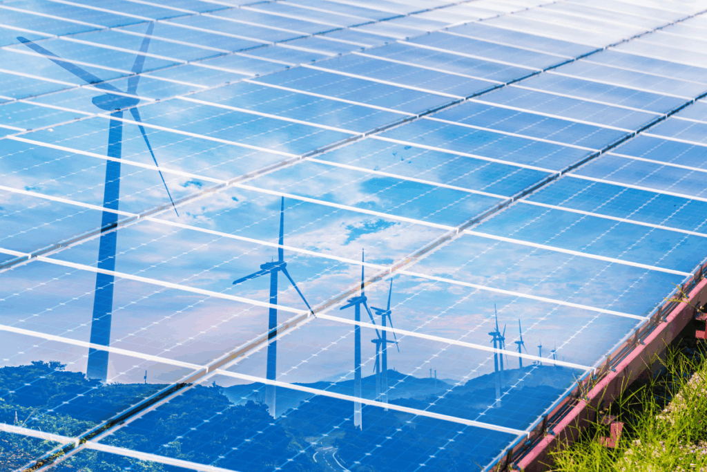 A solar panel with wind turbines reflected on the surface.