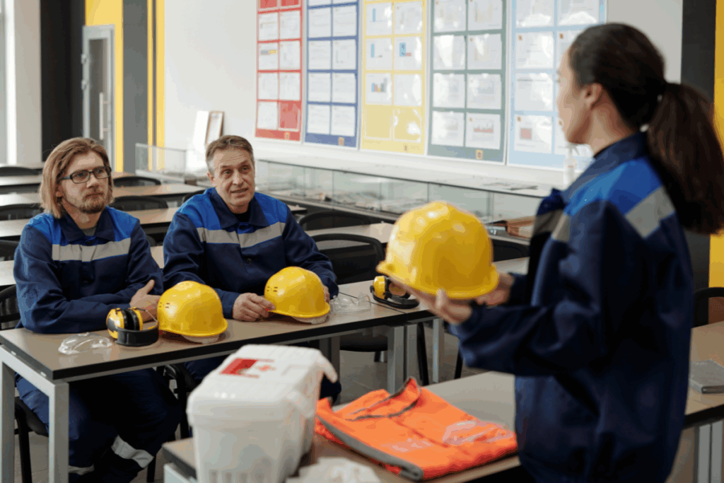 A female technician, standing, instructing a safety class for two male technicians who are sitting down at a table. They are surrounding by safety equipment and holding hard hats.