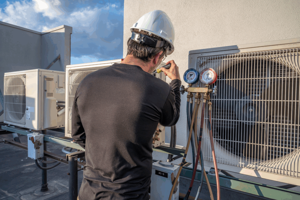 HVAC technician on roof working on equipment.