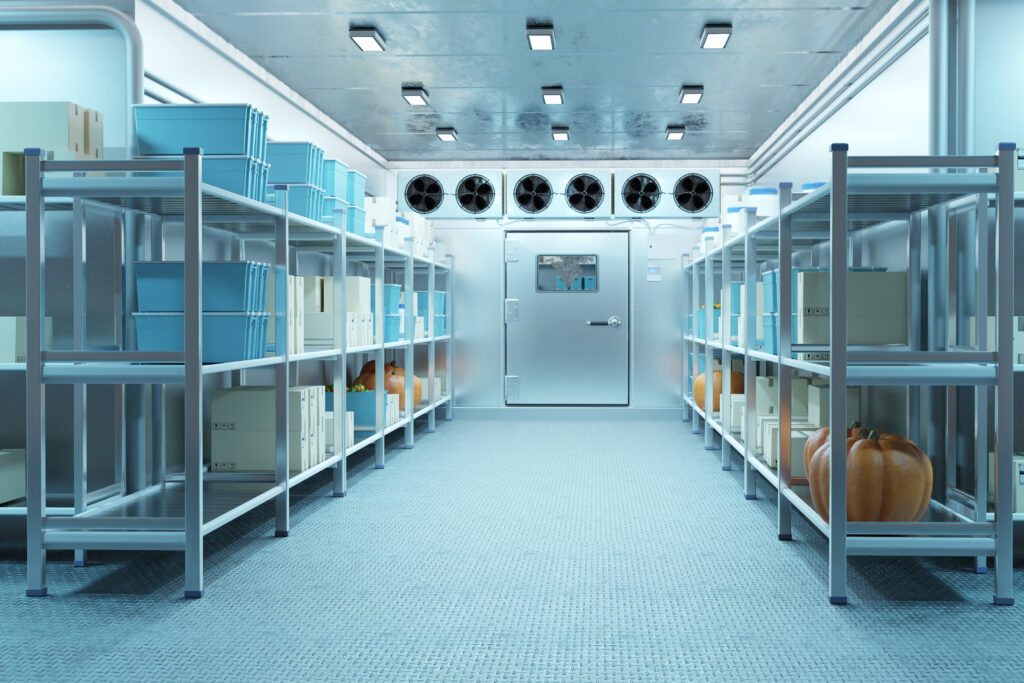 Cold storage room with metal shelving filled with boxes, bins, and pumpkins under ceiling fans. Scene relates to food preservation, inventory, and cold chain logistics.