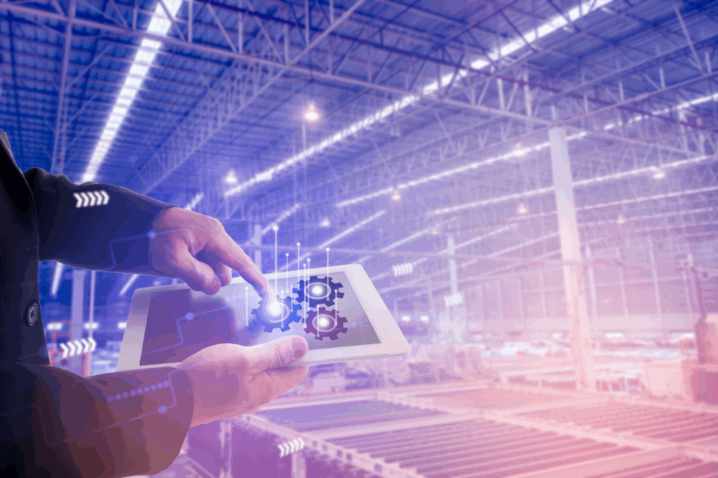 Person holding a tablet in an industrial facility with gears on the screen