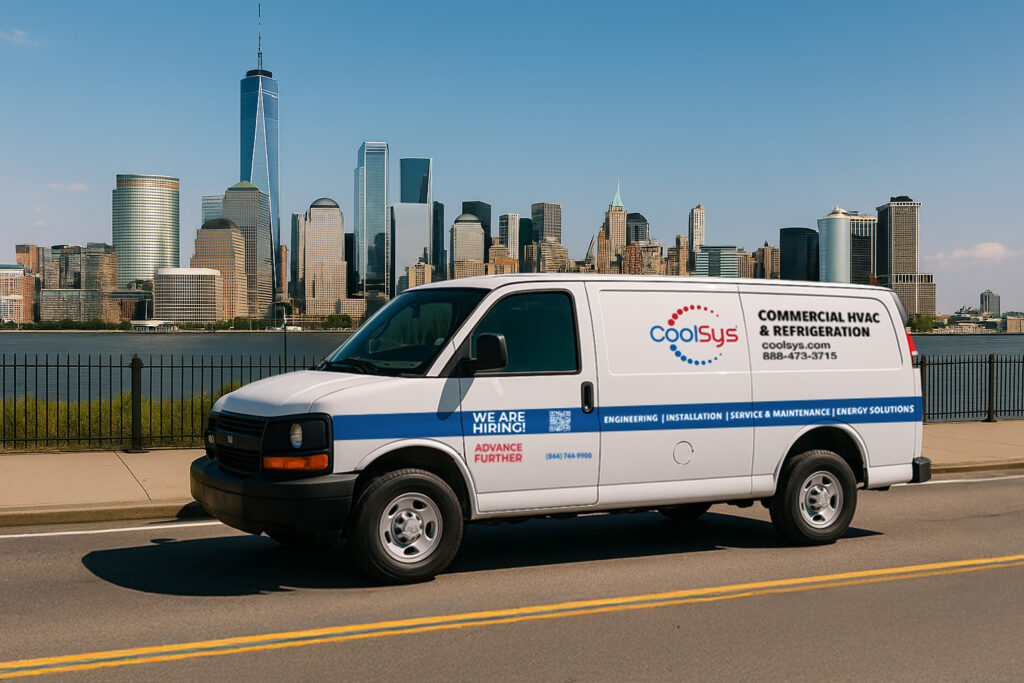 CoolSys branded van on a highway in New York with experts on their way to complete Commercial & Industrial HVAC and refrigeration services.