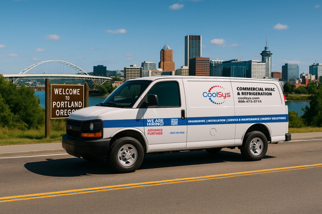 CoolSys branded van on a highway in Oregon with experts on their way to complete Commercial & Industrial HVAC and refrigeration services.