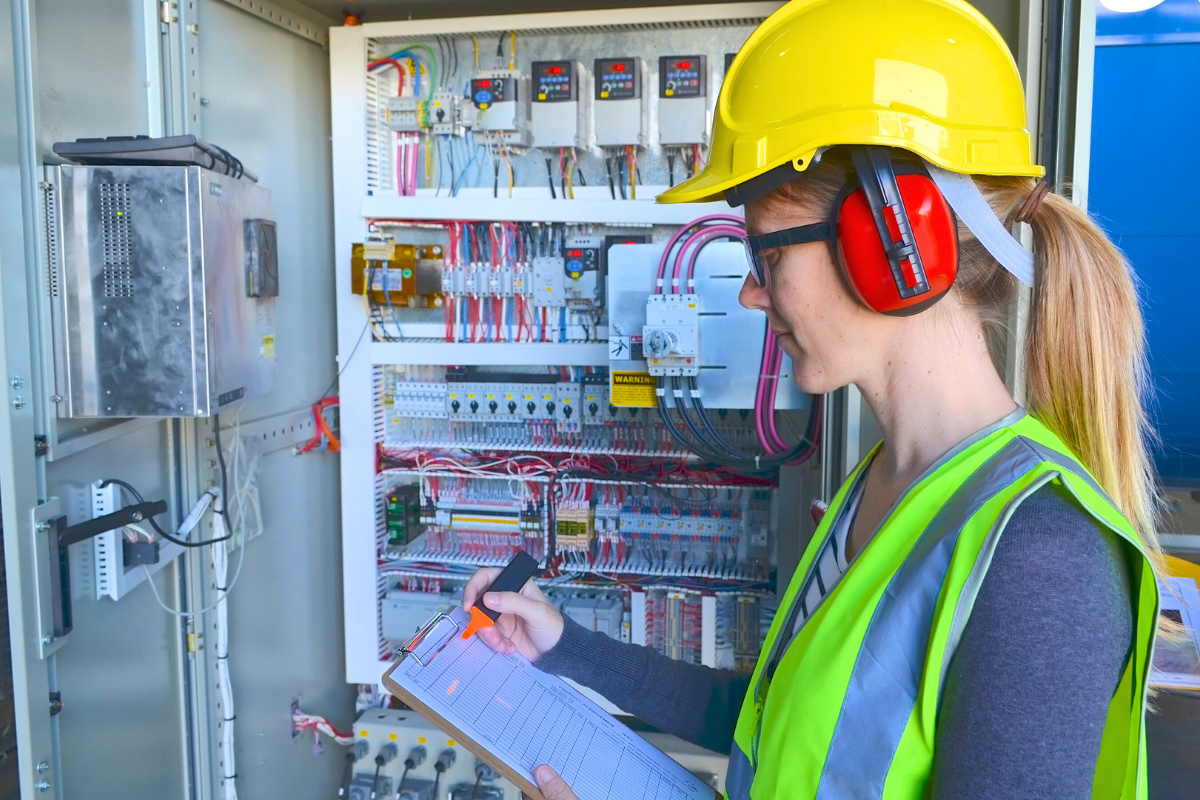Female Engineer in safety equipment Works on Electrical Equipment.